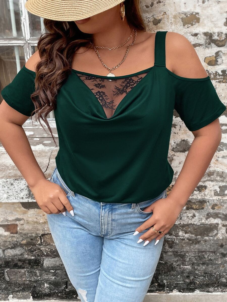 INAWLY Áo thun Plus size Cắt ra Tương phản ren Vắt màu trơn Giải trí - Màu xanh lá cây đậm - Xem 1