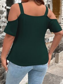 INAWLY Áo thun Plus size Cắt ra Tương phản ren Vắt màu trơn Giải trí - Màu xanh lá cây đậm - Xem 2