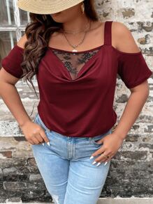 SHEIN LUNE 大碼蕾絲拼接前垂褶挖肩T恤 - 酒紅色 - 查看 1