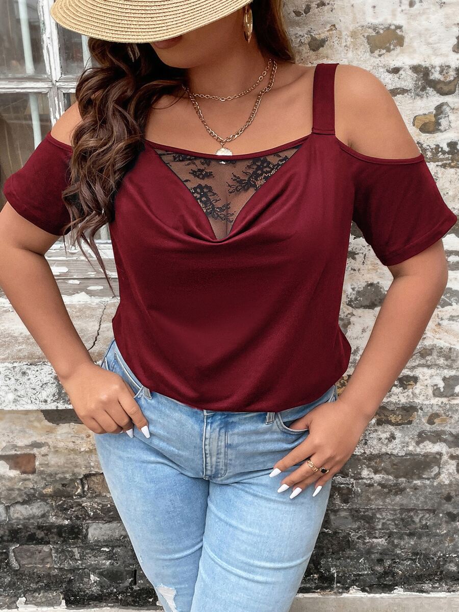 SHEIN LUNE 大碼蕾絲拼接前垂褶挖肩T恤 - 酒紅色 - 查看 1