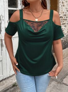 INAWLY Áo thun Plus size Cắt ra Tương phản ren Vắt màu trơn Giải trí - Màu xanh lá cây đậm - Xem 4