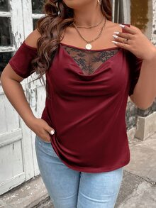 SHEIN LUNE 大碼蕾絲拼接前垂褶挖肩T恤 - 酒紅色 - 查看 3