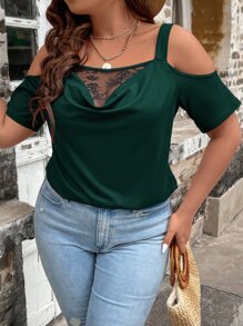INAWLY Áo thun Plus size Cắt ra Tương phản ren Vắt màu trơn Giải trí - Màu xanh lá cây đậm - Xem 5