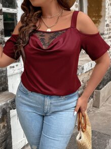 SHEIN LUNE 大碼蕾絲拼接前垂褶挖肩T恤 - 酒紅色 - 查看 4