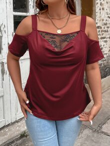 SHEIN LUNE 大碼蕾絲拼接前垂褶挖肩T恤 - 酒紅色 - 查看 5