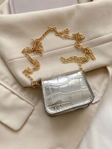 迷你金屬質感鱷魚壓紋翻蓋鏈條馬鞍包
