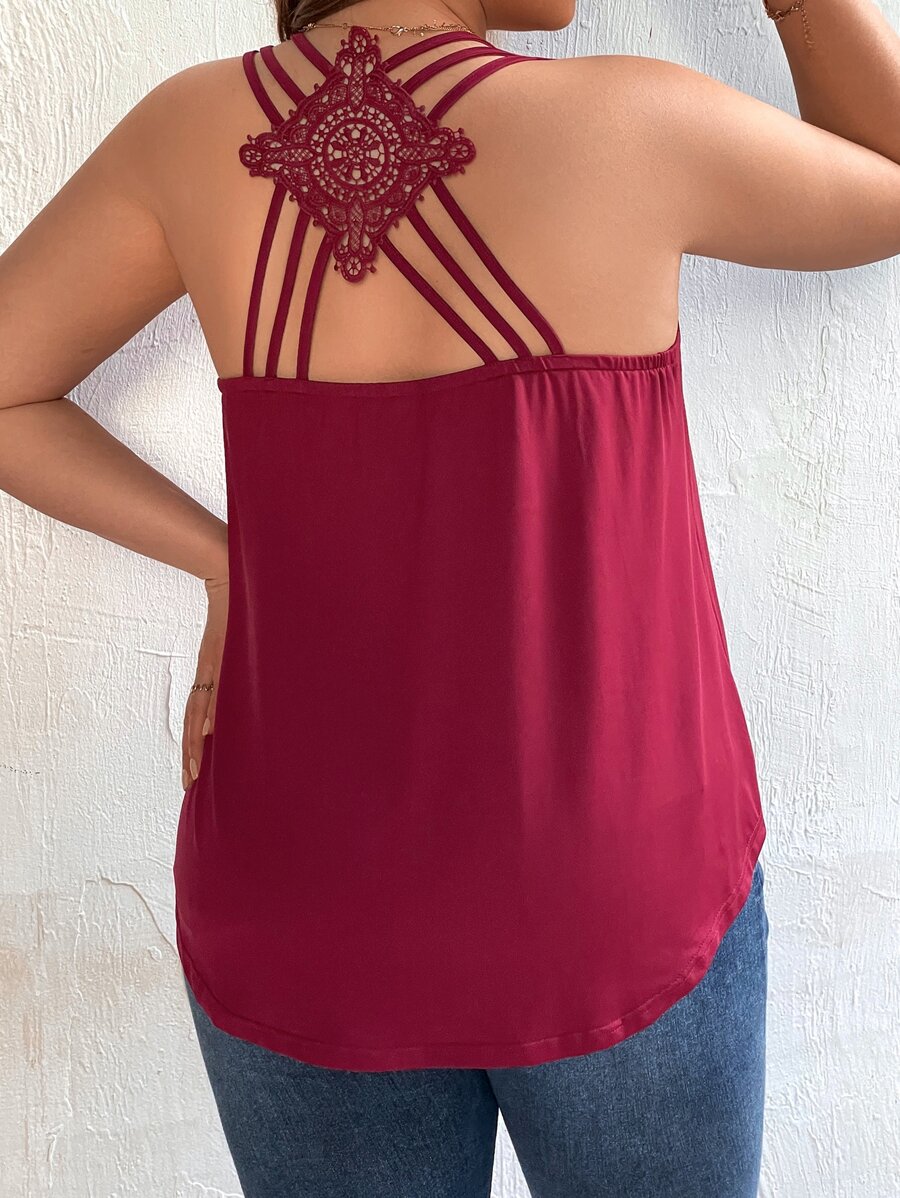 SHEIN LUNE Áo hai dây Plus Size Lộ Lưng Tương phản ren màu trơn Giải trí - Màu Đỏ Sâu - Xem 1