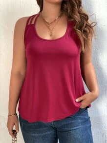 SHEIN LUNE Áo hai dây Plus Size Lộ Lưng Tương phản ren màu trơn Giải trí - Màu Đỏ Sâu - Xem 3