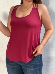 SHEIN LUNE Áo hai dây Plus Size Lộ Lưng Tương phản ren màu trơn Giải trí - Màu Đỏ Sâu - Xem 4