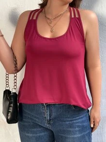 SHEIN LUNE Áo hai dây Plus Size Lộ Lưng Tương phản ren màu trơn Giải trí - Màu Đỏ Sâu - Xem 5