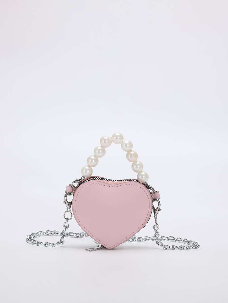 1 pezzo Mini borsa a forma di cuore con chiusura a cerniera in perle PU per ragazze, adatta per l'uso quotidiano, regalo di San Valentino - Rosa - Visualizzare 1