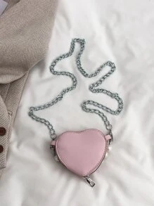 1 pezzo Mini borsa a forma di cuore con chiusura a cerniera in perle PU per ragazze, adatta per l'uso quotidiano, regalo di San Valentino - Rosa - Visualizzare 4