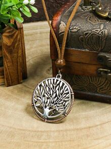 Tree Decor Round Pendant Necklace - Antique Silver - View 1