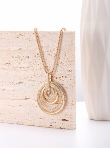 1pc Fashionable Stainless Steel Rhinestone Decor Circle Charm Necklace For Women For Daily Decoration - Yellow Gold - View 2