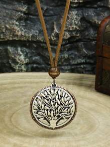 Tree Decor Round Pendant Necklace - Antique Silver - View 3