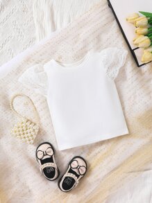 Baby Contrast Lace Puff Sleeve Tee - White - View 1