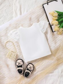 Baby Contrast Lace Puff Sleeve Tee - White - View 2