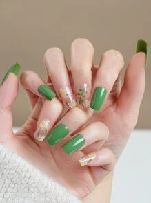 24 piezas de uñas postizas con diseño de flores cuadradas cortas y 1 lima de uñas y 1 hoja de cinta para uñas - Multicolor - Ver 1