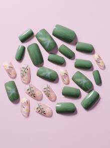 24 piezas de uñas postizas con diseño de flores cuadradas cortas y 1 lima de uñas y 1 hoja de cinta para uñas - Multicolor - Ver 2