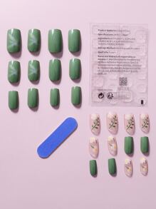 24 piezas de uñas postizas con diseño de flores cuadradas cortas y 1 lima de uñas y 1 hoja de cinta para uñas - Multicolor - Ver 3