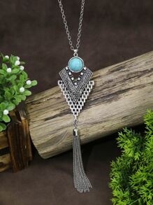 TopHanqi 1 件复古风格银色绿松石镶嵌吊坠项链，适合女士，适合日常佩戴、派对、聚会、约会的多功能配饰 - 復古銀色 - 查看 4