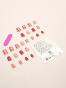提升你風格帶24入組短方形粉色格紋水鑽假指甲和1入組指甲銼和1張膠帶 - 彩色 - 查看 2