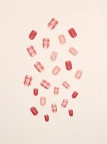 提升你風格帶24入組短方形粉色格紋水鑽假指甲和1入組指甲銼和1張膠帶 - 彩色 - 查看 5
