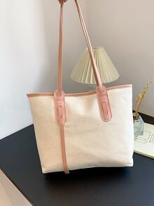 Contrast Binding Shoulder Tote Bag - Beige - View 1
