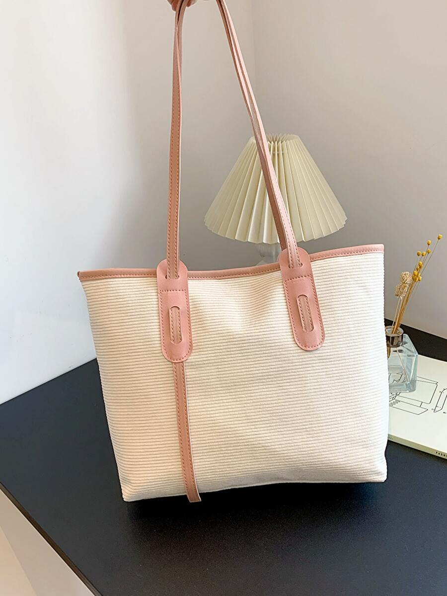 Contrast Binding Shoulder Tote Bag - Beige - View 1