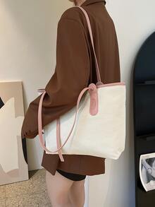 Contrast Binding Shoulder Tote Bag - Beige - View 2