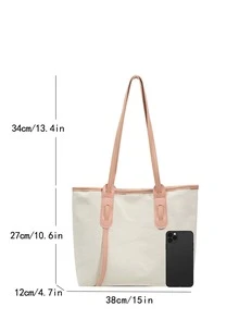 Contrast Binding Shoulder Tote Bag - Beige - View 3