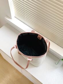 Contrast Binding Shoulder Tote Bag - Beige - View 4