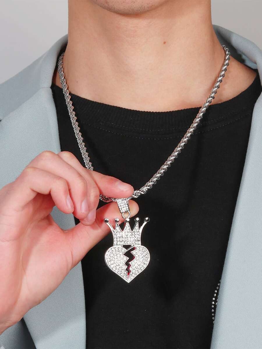 Men Crown Charm Necklace - Silver - View 1