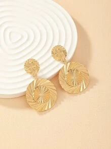 Bông tai thả tròn bằng kim loại có kết cấu - Vàng - Xem 2