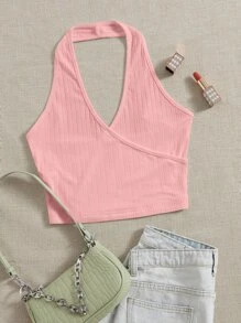 SHEIN EZwear 素色前圍裹掛脖上衣 - 珊瑚粉 - 查看 1