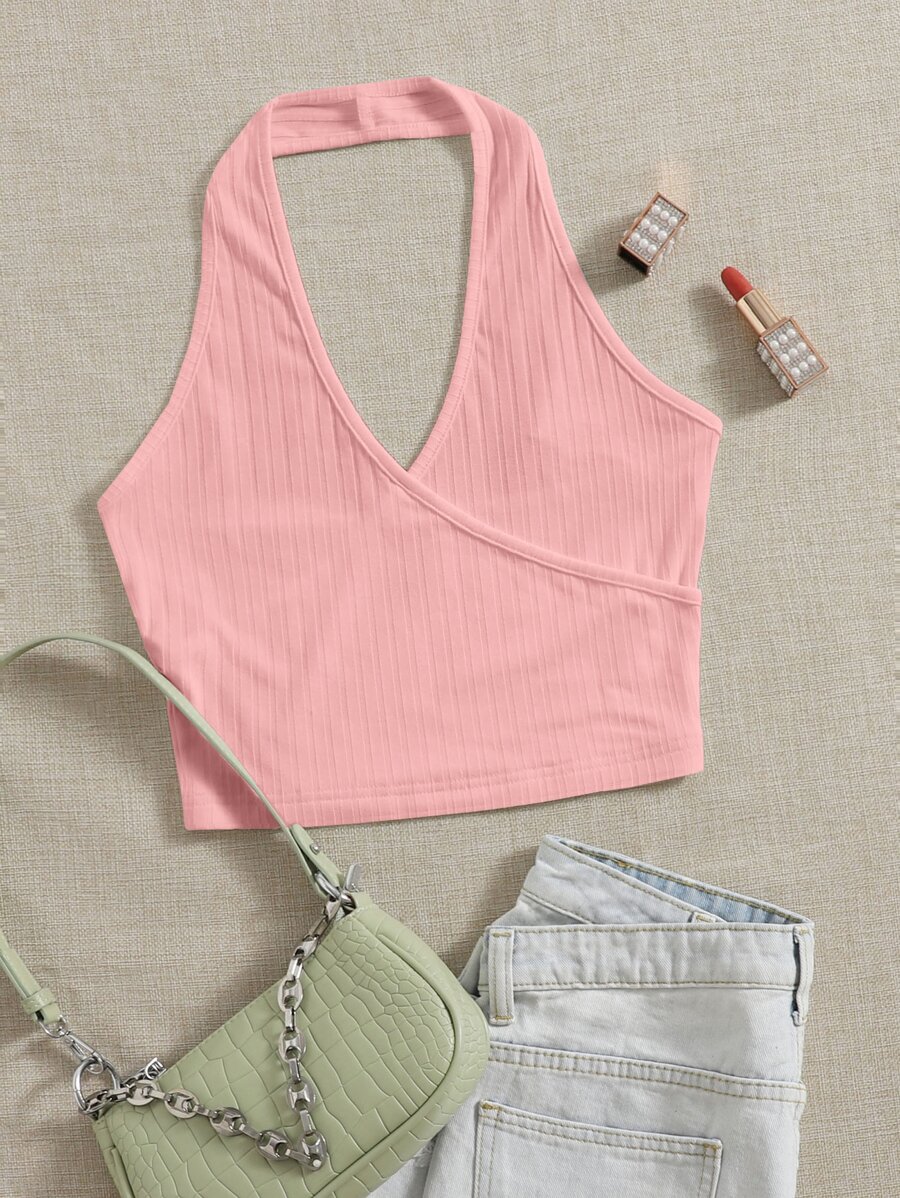 SHEIN EZwear 素色前圍裹掛脖上衣 - 珊瑚粉 - 查看 1