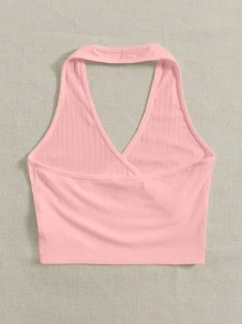 SHEIN EZwear 素色前圍裹掛脖上衣 - 珊瑚粉 - 查看 2