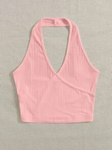 SHEIN EZwear 素色前圍裹掛脖上衣 - 珊瑚粉 - 查看 3