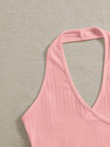 SHEIN EZwear 素色前圍裹掛脖上衣 - 珊瑚粉 - 查看 4