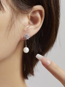 Cultured Faux Pearl Decor Silver Drop Earrings - Silver - View 2