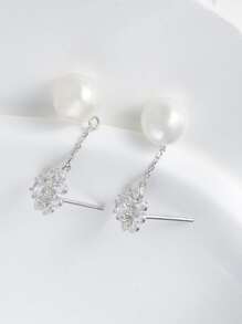 Cultured Faux Pearl Decor Silver Drop Earrings - Silver - View 3