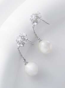 Cultured Faux Pearl Decor Silver Drop Earrings - Silver - View 4