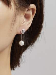 Cultured Faux Pearl Decor Silver Drop Earrings - Silver - View 6
