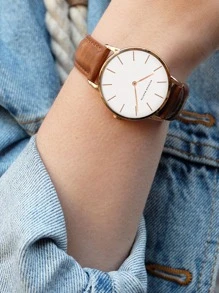 HANNAH MARTIN 1 Peça Relógio de pulso de quartzo casual com pulseira de couro marrom e design nórdico feminino, adequado para decoração diária como um presente para estudantes voltando à escola