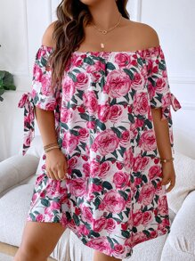 SHEIN Holidaya Plus Floral Print Off Shoulder Knot Cuff Dress - Multicolor - View 2
