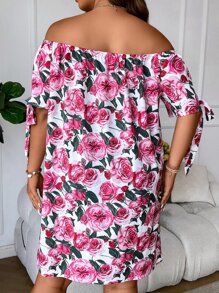 SHEIN Holidaya Plus Floral Print Off Shoulder Knot Cuff Dress - Multicolor - View 3