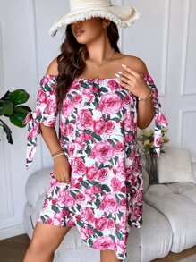 SHEIN Holidaya Plus Floral Print Off Shoulder Knot Cuff Dress - Multicolor - View 5