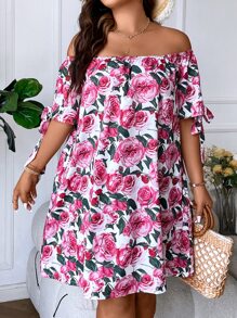 SHEIN Holidaya Plus Floral Print Off Shoulder Knot Cuff Dress - Multicolor - View 6