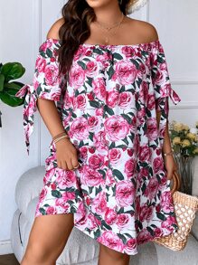 SHEIN Holidaya Plus Floral Print Off Shoulder Knot Cuff Dress - Multicolor - View 1