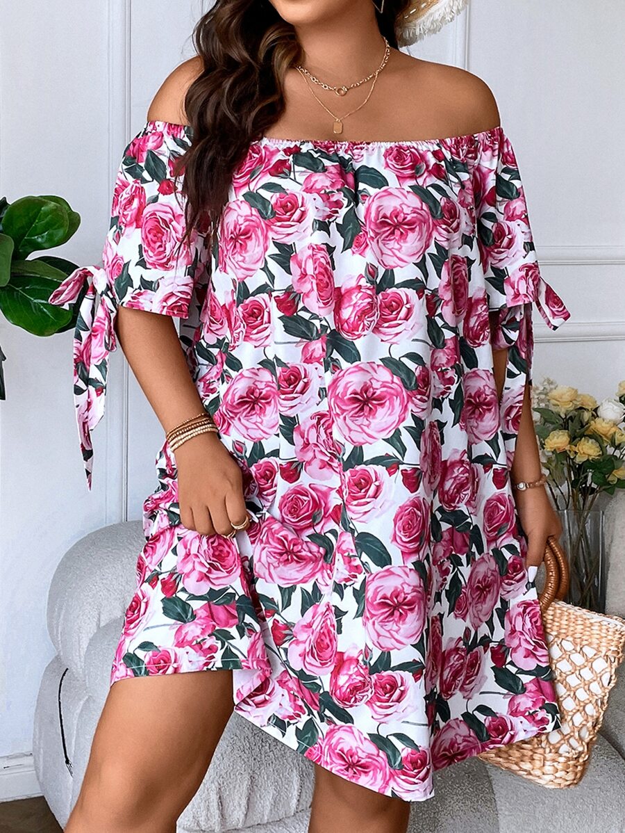 SHEIN Holidaya Plus Floral Print Off Shoulder Knot Cuff Dress - Multicolor - View 1